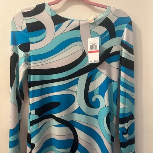 Michael Kors Abstract Geometric Retro Print Shades of Blue Stretch MiniDress NWT - Picture 7 of 16